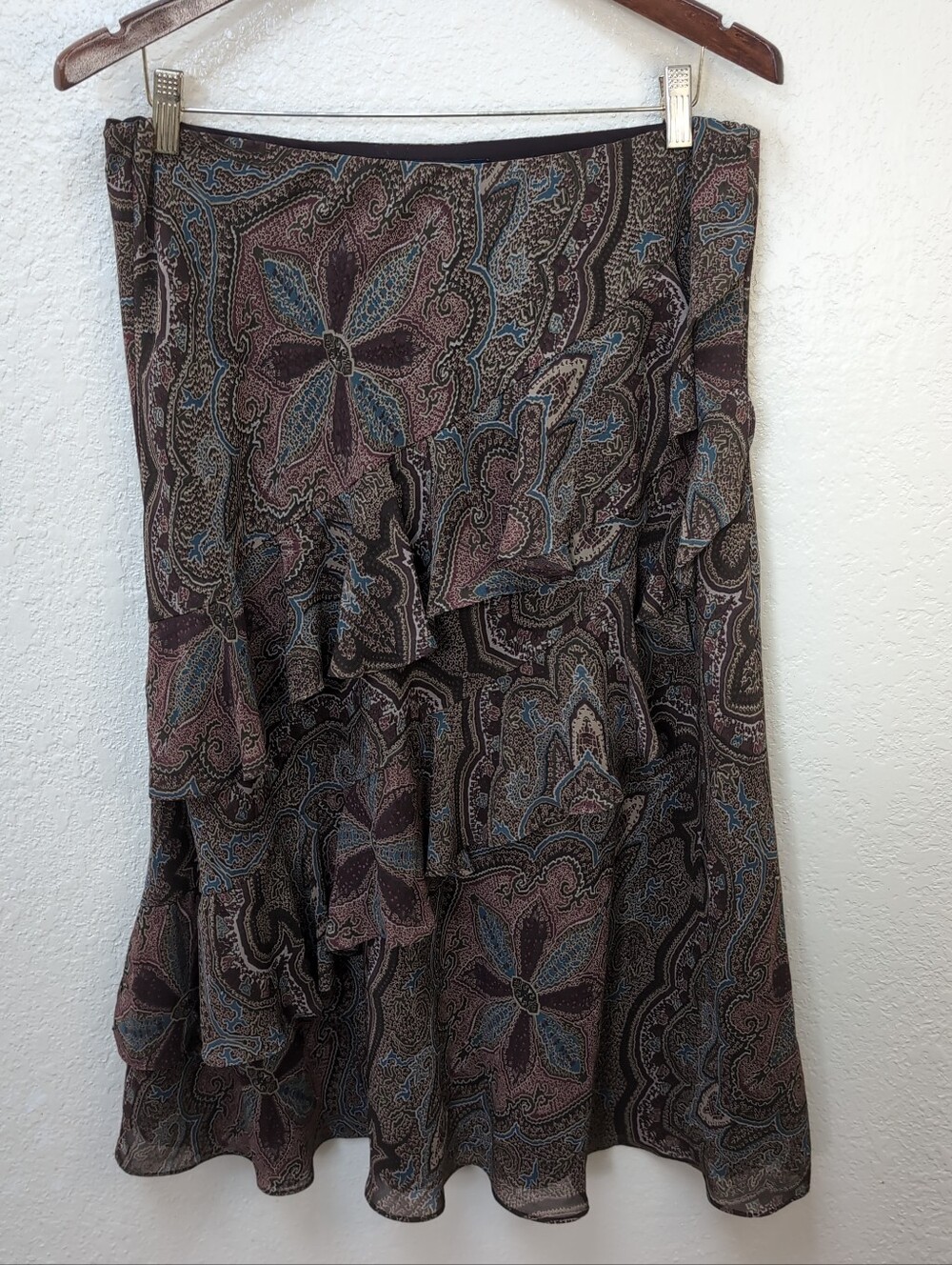 Vintage Y2k Whimsigoth Brown Chaps Tiered Ruffle Chiffon Midi Skirt. Size Medium